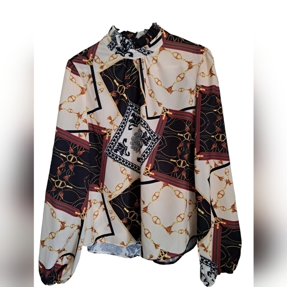 Ladies lightweight blouse high neck ruffle western abstract BOHO SHIRT size LG - Picture 1 of 8